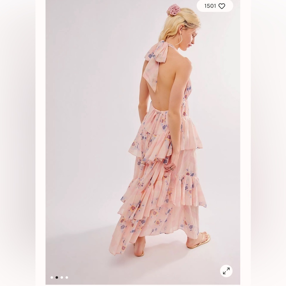NEW Free People Stop Time Floral Pink Halter Ruffle Tiered Blush Maxi Dress XS - Picture 2 of 6